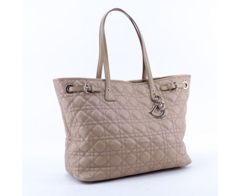 Dior Beige Cannage Coated Canvas Panarea Tote GM. Gold tone hardware, tan canvas interior with zippered and patch pockets, be