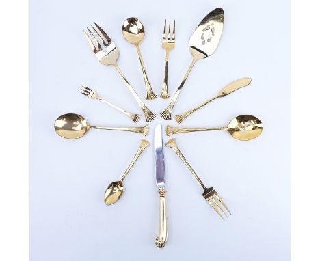 Ninety Eight (98) Pieces Oxford House Gold Plated Stainless Flatware. Set includes: 12 forks 7-1/4", 17 knives 9-1/2", 16 sal