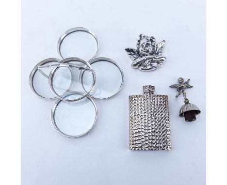 Lot of Silver Accessories. Includes: Mexican silver flask, 5 pieces silver and glass coaster set, Henryk Winograd sterling cl