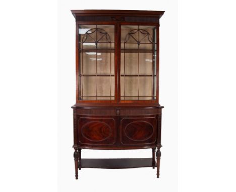 GOOD QUALITY EARLY TWENTIETH CENTURY SHERATON REVIVAL CARVED DARK MAHOGANY LARGE DISPLAY CABINET, the moulded cornice centred