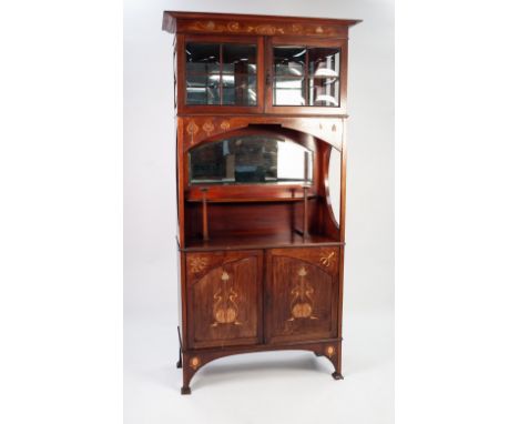 EARLY TWENTIETH CENTURY INLAID MAHOGANY ARTS AND CRAFTS SIDE CABINET, the moulded cornice above a pair of four panelled lenti