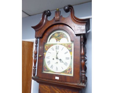 NINETEENTH CENTURY FIGURED MAHOGANY LONGCASE CLOCK WITH ROLLING MOON PHASE, the 14" painted dial with subsidiary seconds and 