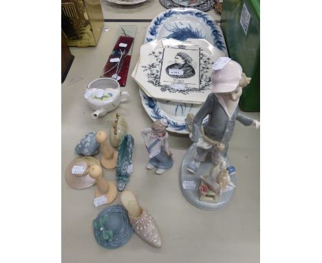 LARGE CERAMIC PLATTER WITH FISH SCENE (A.F.), TWO COMMEMORATIVE PLATTERS, MEDIFER ORNAMENT 'WOMEN WITH DOG' AND OTHER DECORAT