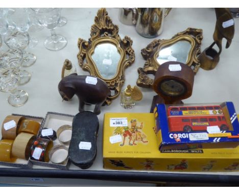 A PAIR OF OPERA GLASSES IN ORIGINAL CASE, PELHAM PUPPET, TWO SMALL WALL MIRRORS,  NAPKIN RINGS, AND TWO SCENT BOTTLES ETC....