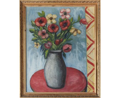 UNATTRIBUTED IMPASTO OIL PAINTING VASE OF FLOWERS ON A RED TABLE TOP 22" X 18"