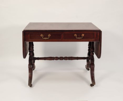 REGENCY FIGURED MAHOGANY SOFA TABLE, of typical form with two cockbeaded frieze drawers, raised on downswept and turned end s