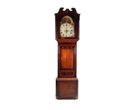 EARLY NINETEENTH CENTURY LINE INLAID MAHOGANY AND OAK LONGCASE CLOCK WITH ROLLING MOON PHASE SIGNED BRADSHAW WHITCHURCH, the 