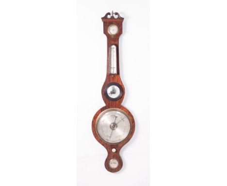 LATE NINETEENTH CENTURY ROSEWOOD CASED BANJO BAROMETER, of typical form, the 8" dial housed in a case with swan neck pediment