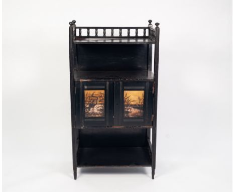 LATE VICTORIAN AESTHETICS MOVEMENT PAINTED AND EBONISED SIDE CABINET, the oblong, galleried top above an open shelf and pair 