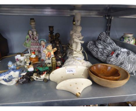 SMALL CERAMIC CARTOON CHARACTERS, A CHINA FIGURAL TABLE LAMP, A HEAVY SEATED DOG ETC...... 