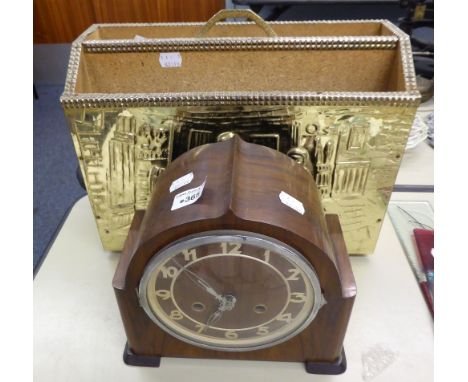 OAK CASED MANTEL CLOCK  AND A BRASS MAGAZINE RACK (2) 