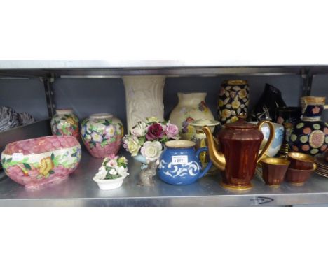 GERMAN EMBOSSED POTTERY JUG, WADE ITEMS, SUNDRY VASE AND ORNAMENTS, THREE ITEMS OF MALING POTTERY EMBOSSED WITH FLOWERS, AN A