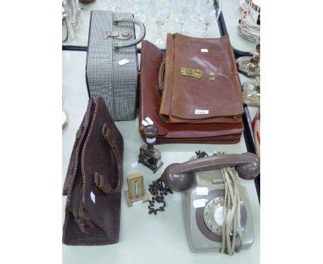 AN OLD DESK PHONE, DESK STAMP, DESK THERMOMETER, TWO LEATHER CARRYING CASES ETC... 