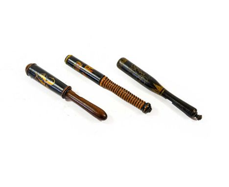 Three Victorian Police Truncheons: - one in mahogany, the short cylindrical body painted VR monogram in gilt on a dark blue f