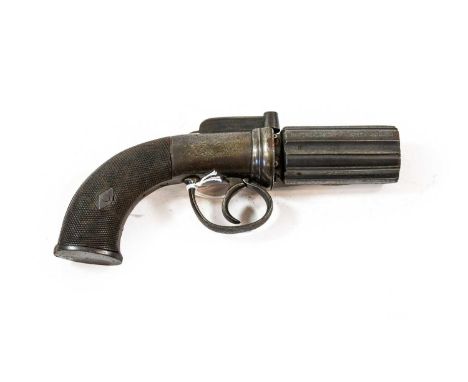 A 19th Century Six Shot Pepperbox Revolver, the 7cm blued steel cylinder with Birmingham proof marks, foliate engraved blued 