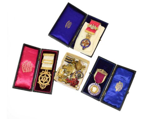 A Miniature Albert Medal, bronze sea; two Silver Gilt and Enamel Masonic Breast Jewels, in cases of issue, and a silver gilt 