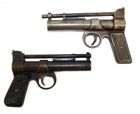 PURCHASER MUST BE 18 YEARS OF AGE OR OLDERTwo Webley Junior .177 Calibre Air Pistols, one pre-War with ribbed tin grip scales