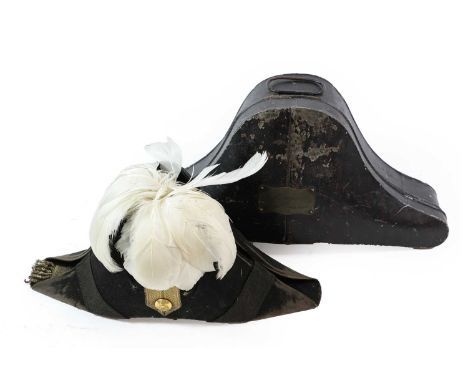 A Victorian Black Silk Bicorn Hat to an Officer Royal Engineers, with white swan feathers plume, central band of gold lace se