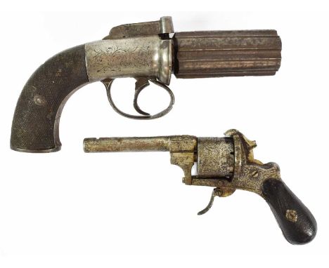 A 19th Century Six Shot Pepperbox Revolver, the 8cm cylinder with Birmingham proof marks, foliate engraved bar hammer, cylind