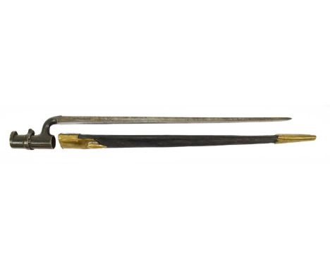 Four Bayonets:- a British 1853 pattern socket bayonet with brass mounted leather scabbard; a British 1907 pattern bayonet by 
