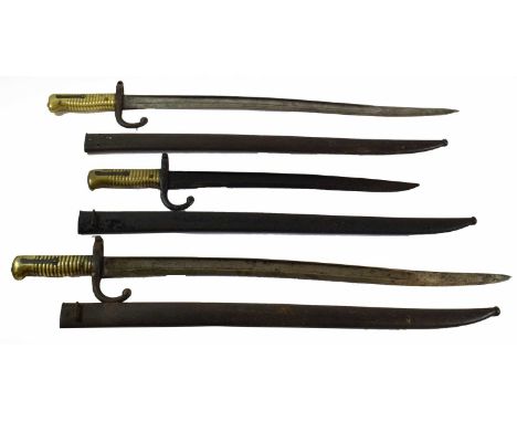 Three French M1866 Chassepot Yataghan Sword Bayonets, each with T section steel blade, one engraved St Etienne 1872, one engr