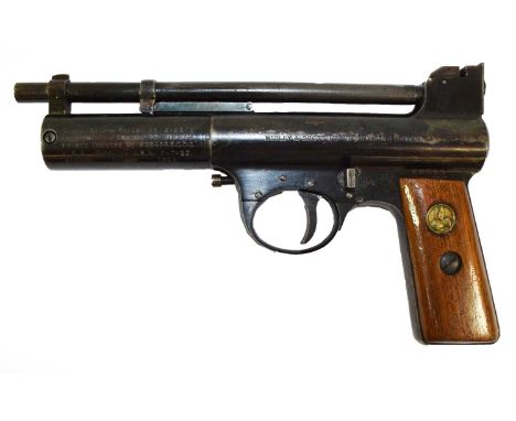 PURCHASER MUST BE 18 YEARS OF AGE OR OVERA Pre-War Webley Air Pistol Mark I, .22 calibre, numbered 22610, the walnut grip sca