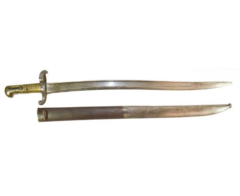 A French Model 1842 Yataghan Sword Bayonet, the 57cm steel blade with inspectors markings at the ricasso, wth steel recurving