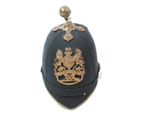 A Victorian 1878 Home Service Pattern Officer's Helmet to the Royal Field Artillery, with dark blue wool covering over cork, 