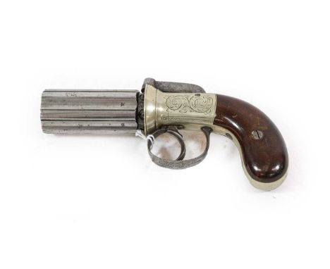 A 19th Century Six Shot Pepperbox Revolver, the 7cm steel cylinder with Birmingham proof marks, foliate engraved nickel actio