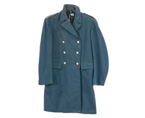 A Swedish Blue Wool Greatcoat, with gilt buttons, gilt metal marksman's shoulder strap insignia and rever collar, size 44" ch