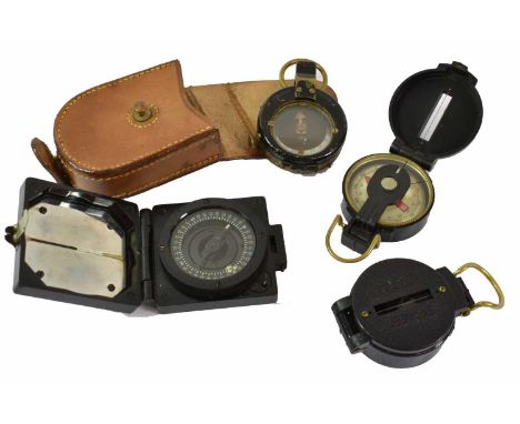A Verner's Pattern VII Pocket Compass, in black enamelled brass, with mother of pearl register, in a leather case; a Military