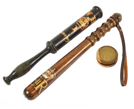 A Victorian Ebonised Oak Truncheon, the cylindrical body painted in red and gilt with VR/crown/1 Manningham, the baluster han