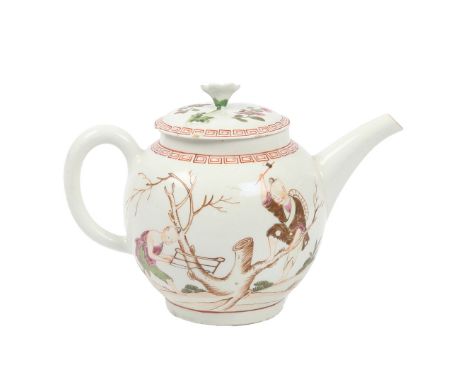 A RARE LOWESTOFT PORCELAIN TEAPOT. circa 1770, the lid with floral finial and red Greek key border, the body decorated in the
