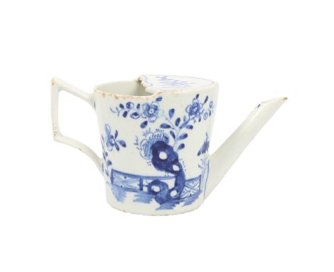 A LOWESTOFT PORCELAIN FEEDING CUP. with moustache from top and angular handle, the body with foliate and fence decoration, 12