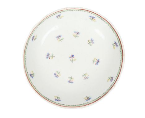 AN UNUSUAL LOWESTOFT PORCELAIN SAUCER DATED JAN'Y 27 1796. polychrome decorated with cornflower sprigs within a green saw-too