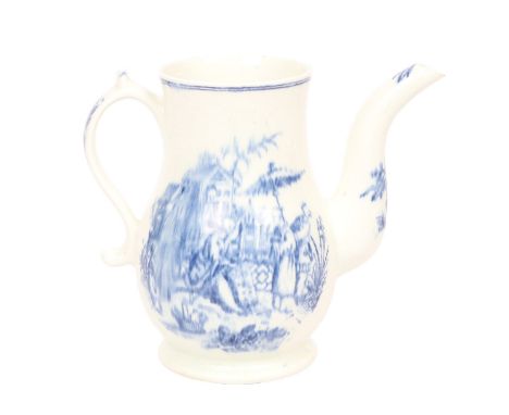 A LOWESTOFT PORCELAIN COFFEE POT. the body transfer decorated in the "tea party" pattern, 14cm high, 16.5cm wide across handl