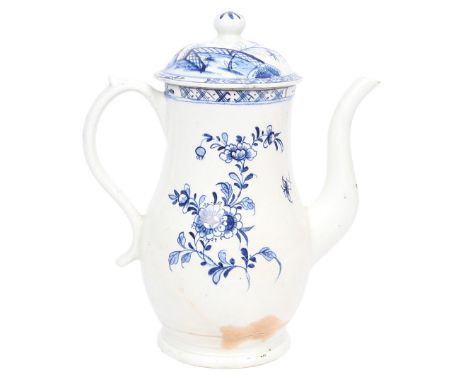 A LOWESTOFT PORCELAIN COFFEE POT. the body decorated in underglaze blue with a "long Eliza" type figure in a garden setting w