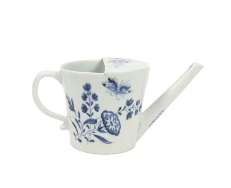 A LOWESTOFT PORCELAIN FEEDING CUP. with foliate and butterfly decoration, decorators number 5 to foot, 18cm wide across handl