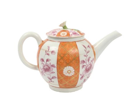 A RARE LOWESTOFT PORCELAIN TEAPOT, CIRCA 1770. the lid with floral finial the body with orange and gilt highlighted panels in
