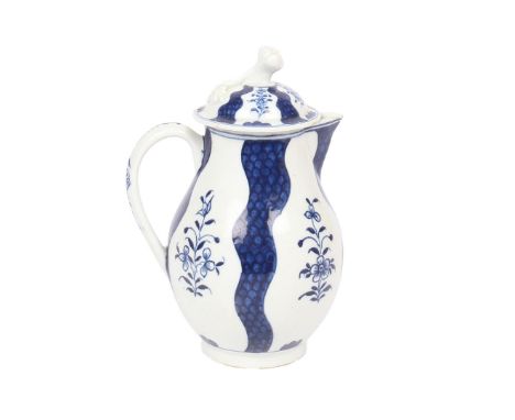 A LOWESTOFT PORCELAIN MILK JUG AND COVER. decorated in the Robert Brown pattern, the lid with foliate finial, the bulbous bod