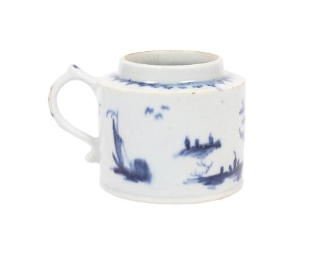 A LOWESTOFT PORCELAIN WET MUSTARD POT. circa 1765, the cylindrical body decorated in the "boy on a bridge" pattern, 5.5cm hig