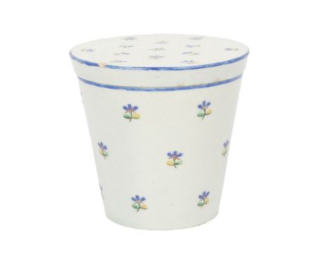 A RARE LOWESTOFT PORCELAIN PRESERVE JAR AND COVER, CIRCA 1795. of cylindrical tapering form, with polychrome cornflower spray