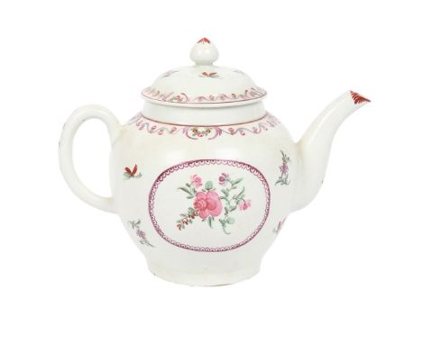 A VERY RARE LOWESTOFT TEAPOT AND COVER, CIRCA 1795. with oval cartouche inscribed "Strive that ye enter in at the strait gate