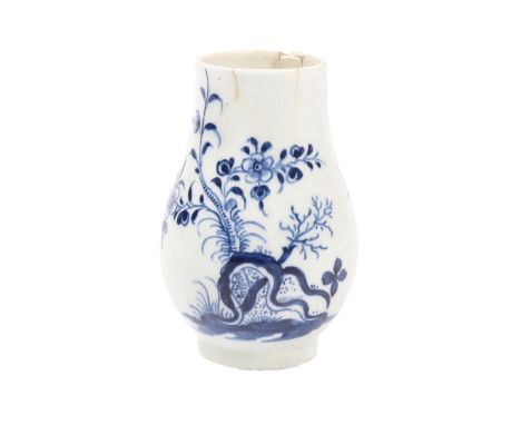 A LOWESTOFT PORCELAIN DRY MUSTARD POT BASE. of baluster form, the body decorated in underglaze blue with a blossoming tree, 9