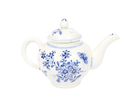 A LOWESTOFT PORCELAIN MINIATURE OR DOLLS TEA POT. with foliate spray and butterfly decoration, 14cm wide across handle and sp