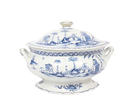 AN EXTREMELY RARE LOWESTOFT PORCELAIN TUREEN AND COVER, PROBABLY BY ROBERT ALLEN (PAINTER NUMBER 5). circa 1765-70, the domed