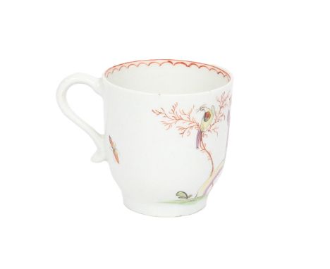 A LOWESTOFT PORCELAIN COFFEE CUP. decorated in the Mandarin pattern with figures taking tea in a garden with bird in a tree a