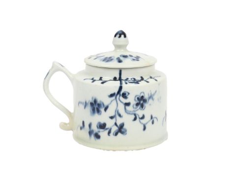 A LOWESTOFT PORCELAIN WET MUSTARD POT AND COVER. circa 1765, the cylindrical body with prunus root decoration, decorators mar