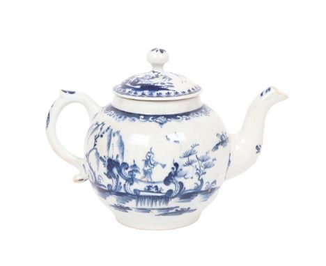 A LOWESTOFT PORCELAIN TEAPOT. circa 1765, the body underglaze blue decorated in the boy on a bridge pattern, decorators numbe