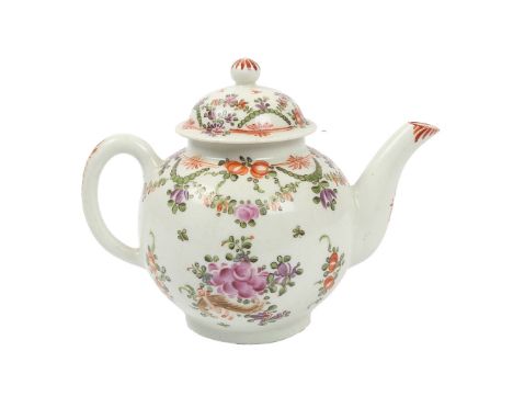 A LOWESTOFT PORCELAIN TEAPOT. decorated in the Curtis style with polychrome floral sprays and swags, 19cm wide across handle,